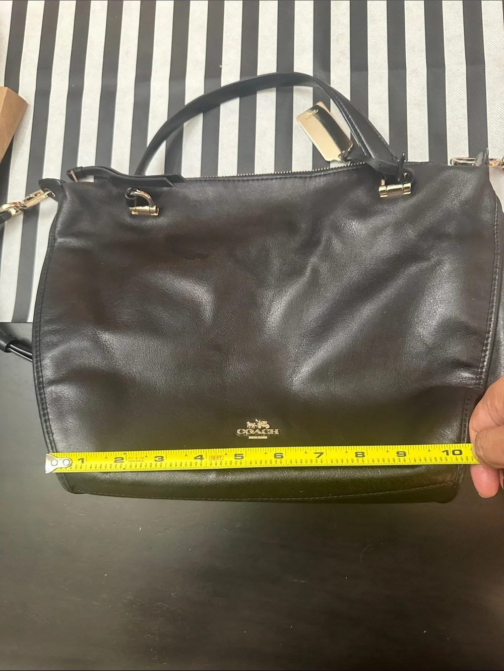 Chic Coach Black Leather Crossbody Satchel with Gold Hardware